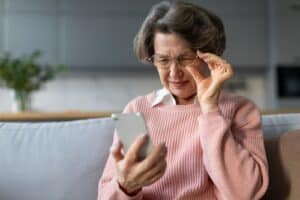 Senior woman struggling to read text on her phone, possibly due to early development of cataracts.